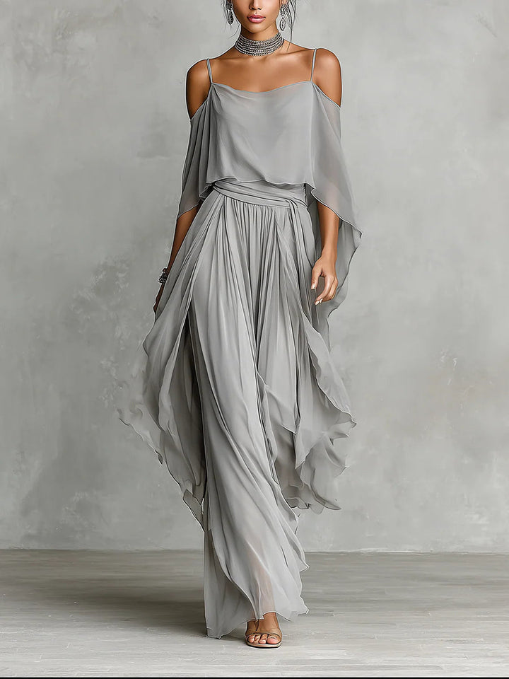 Elegant Gray Off-Shoulder Flowy Chiffon Camisole and Trousers Set