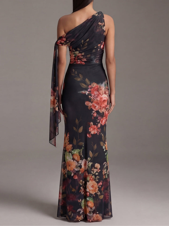 Black One-Shoulder Pleated Chiffon Maxi Dress with Elegant Print