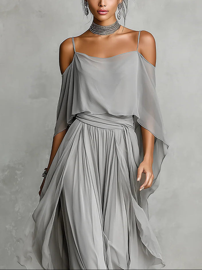 Elegant Gray Off-Shoulder Flowy Chiffon Camisole and Trousers Set
