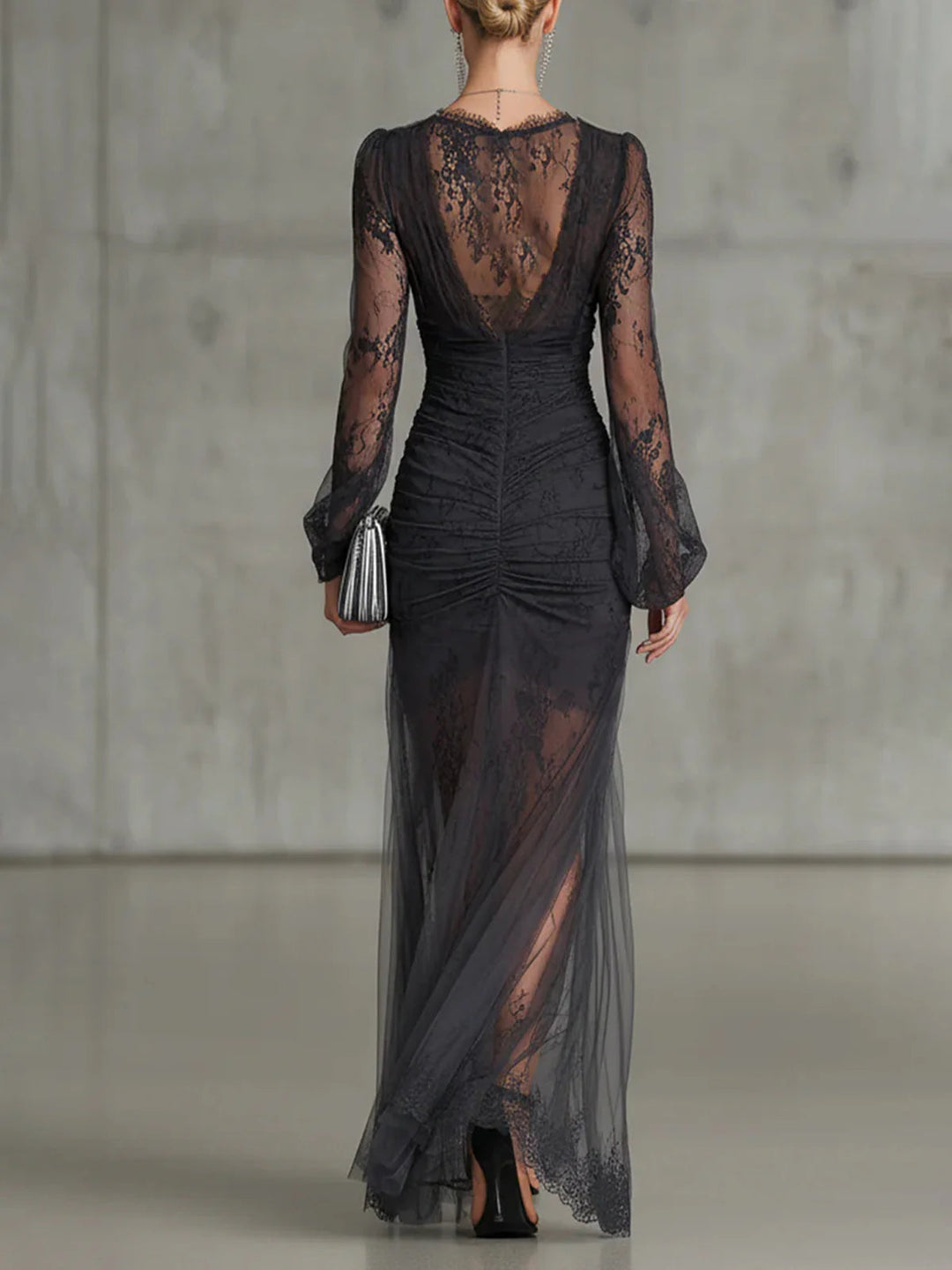 Elegant Dark Gray Lace Ruched Sheer Long-Sleeve Slit Maxi Dress