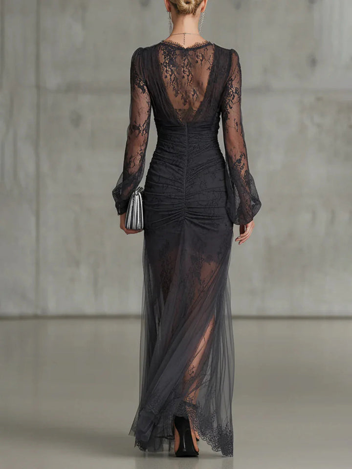 Elegant Dark Gray Lace Ruched Sheer Long-Sleeve Slit Maxi Dress
