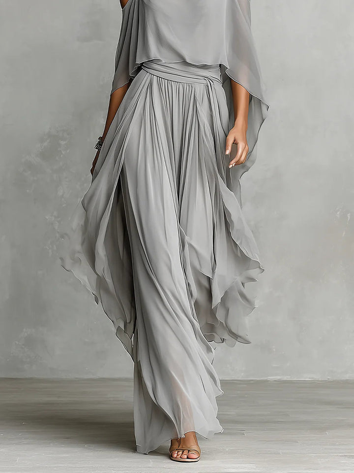 Elegant Gray Off-Shoulder Flowy Chiffon Camisole and Trousers Set