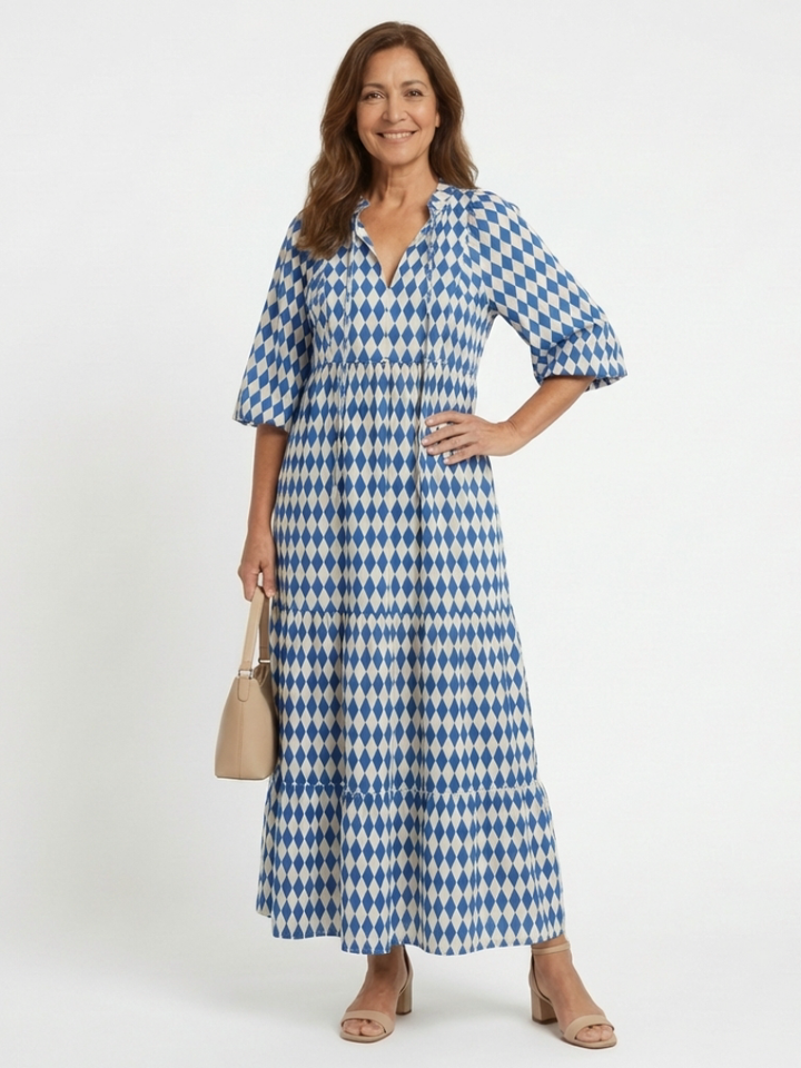Elodie | Diamond Print Tiered Midi Dress