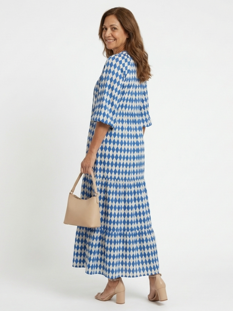 Elodie | Diamond Print Tiered Midi Dress