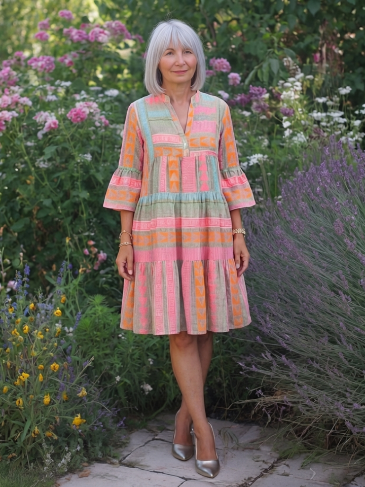 Maelle | Geometric Print V Neck Tiered Knee Length Dress