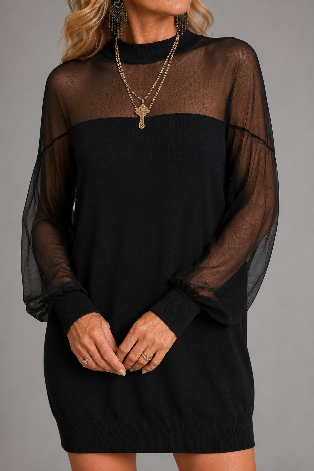 Amélie | Black Mesh-Sleeve Mini Dress