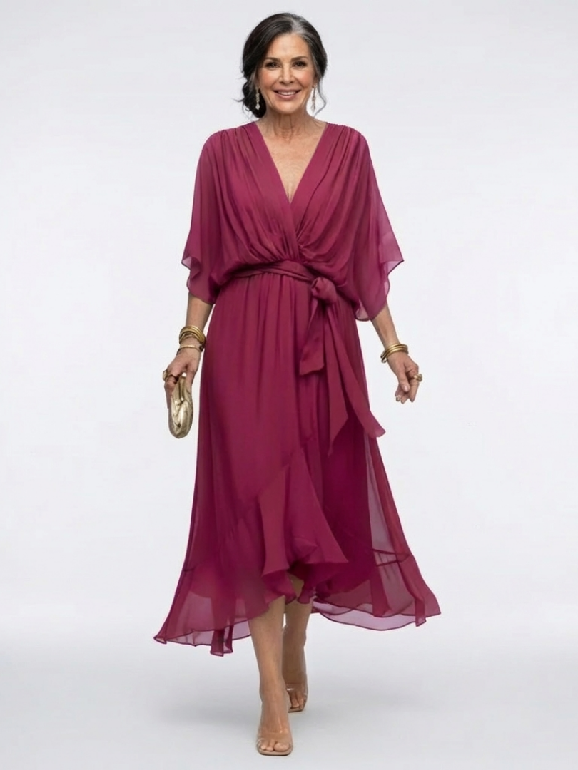 Elysia | V Neck Draped Waist Tie Midi Dress