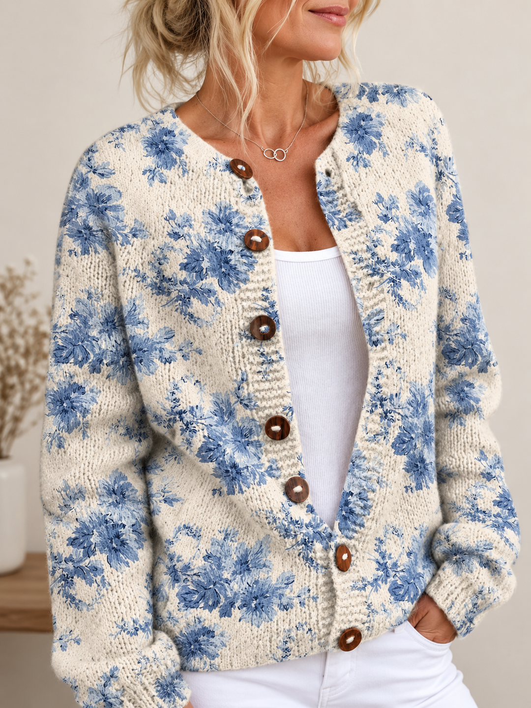 Floral Art Print Buttoned Cardigan