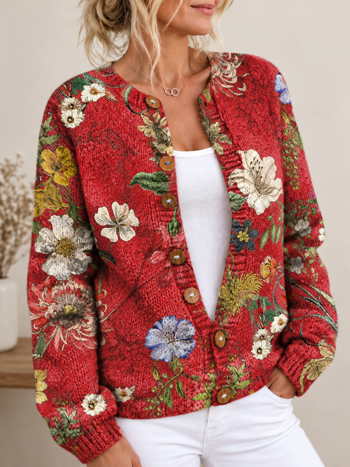 Vintage Floral Art Print Buttoned Cardigan