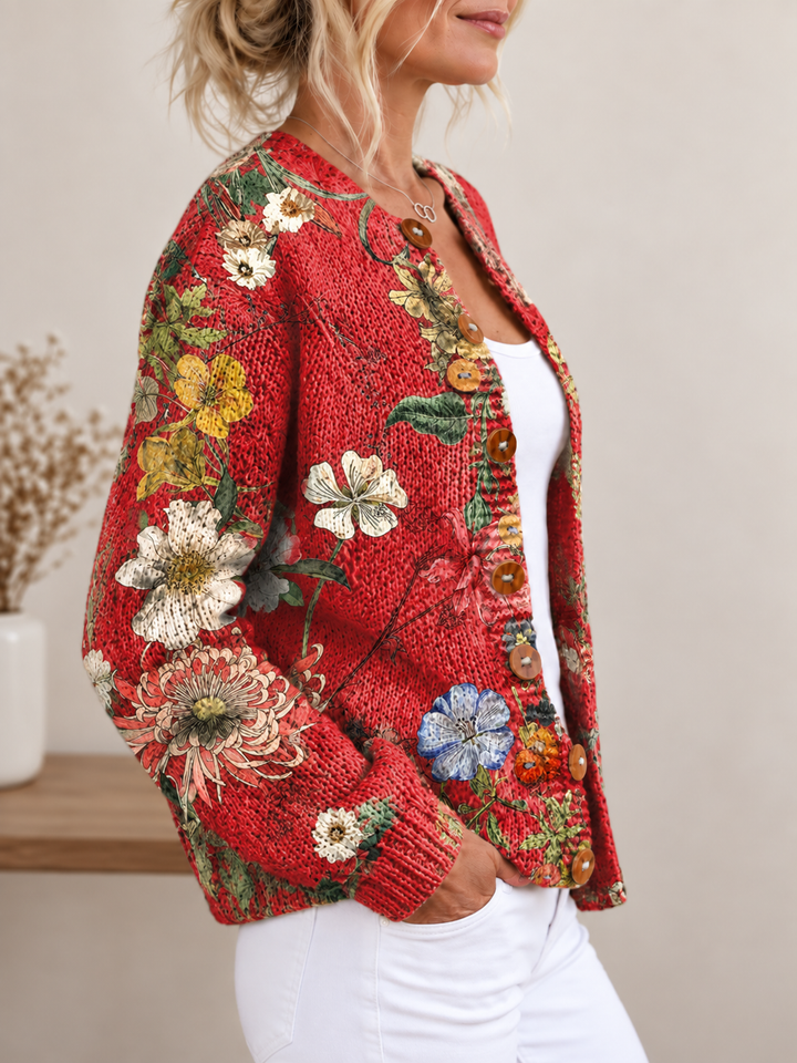 Vintage Floral Art Print Buttoned Cardigan