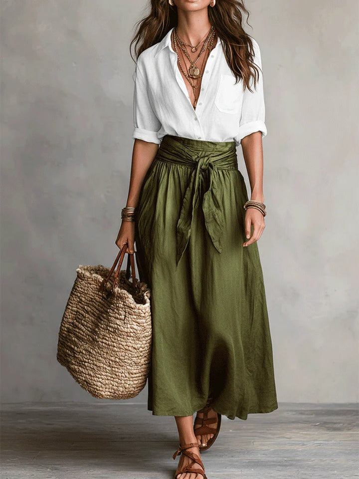 RIVER Two-Piece Set: Black Top and Olive Green Midi Skirt