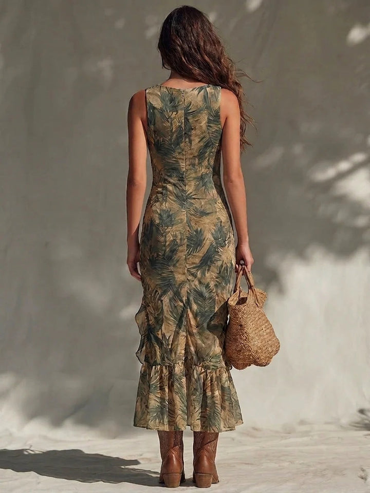 Elegant Palm Print Ruffled Ruched Maxi Dress with Side Slit