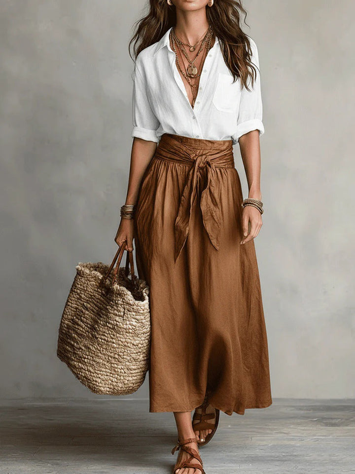 RIVER Two-Piece Set: Black Top and Olive Green Midi Skirt