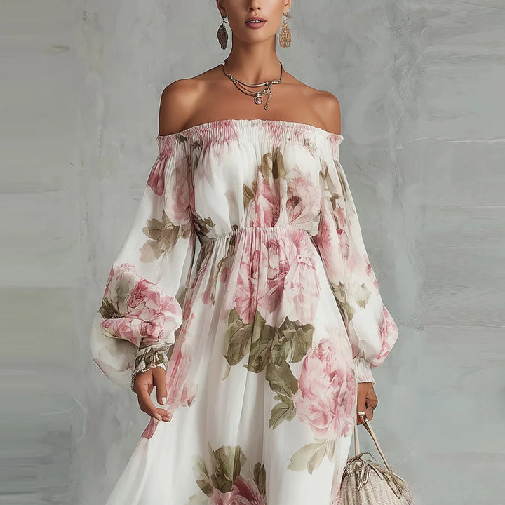 Payton | Elegant Off-Shoulder Floral Maxi Dress with Long Sleeves