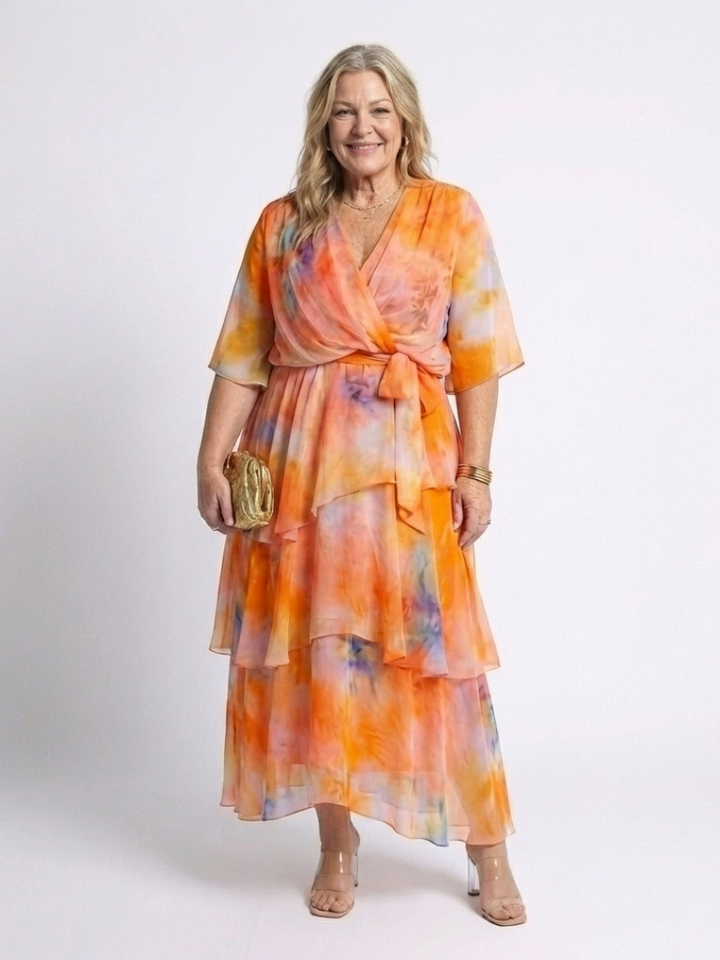 Calista | Sheer Layered V Neck Tie Waist Maxi Dress