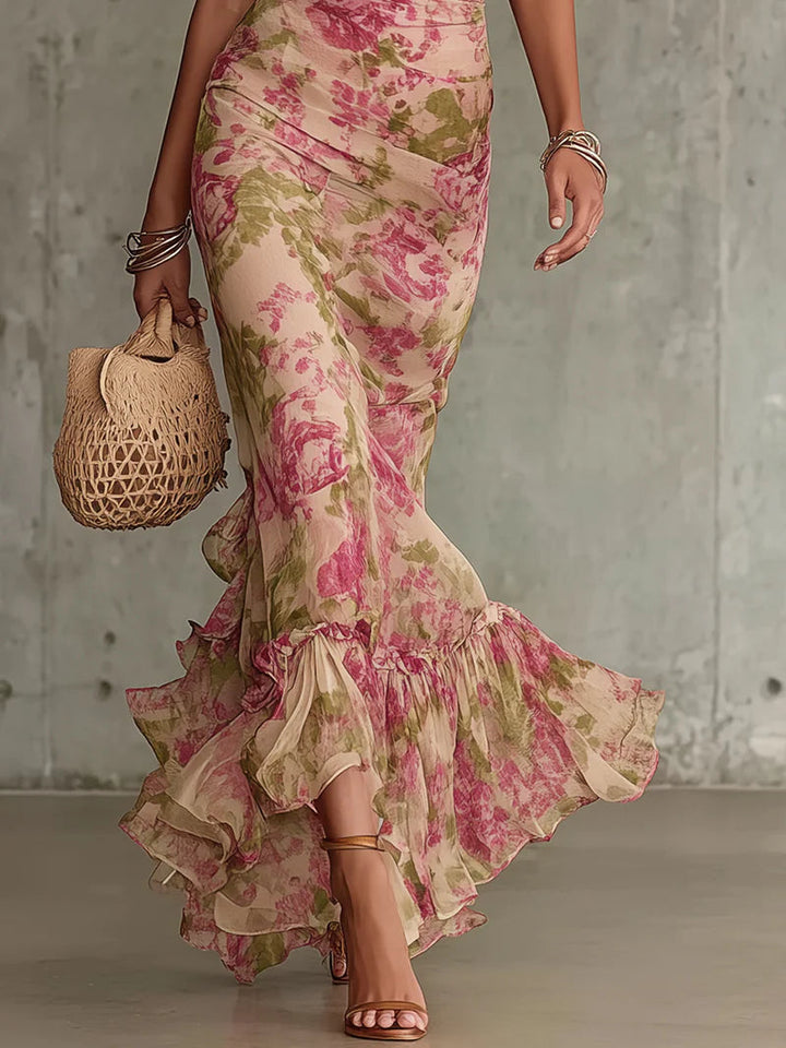 Vintage Rose Print Maxi Dress with Romantic Puff Sleeves (Accessories Not Included)