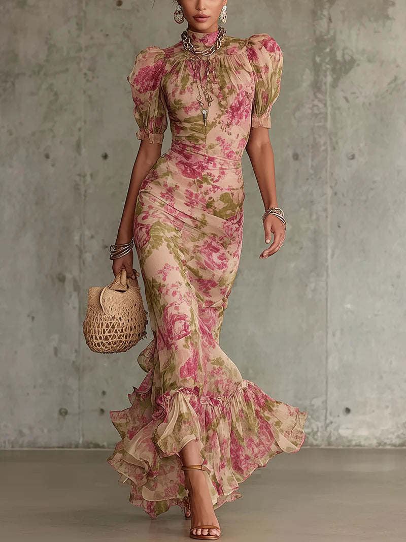 Vintage Rose Print Maxi Dress with Romantic Puff Sleeves (Accessories Not Included)