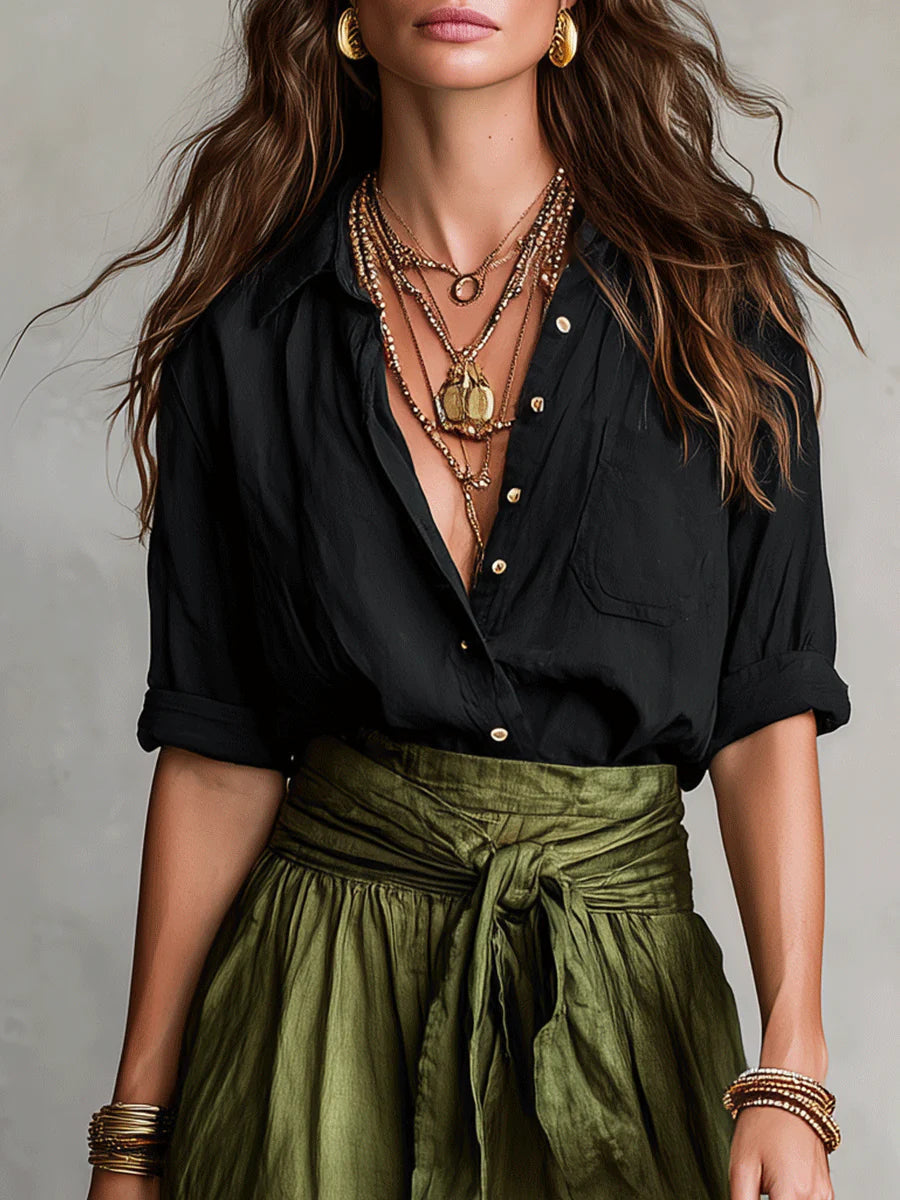 RIVER Two-Piece Set: Black Top and Olive Green Midi Skirt