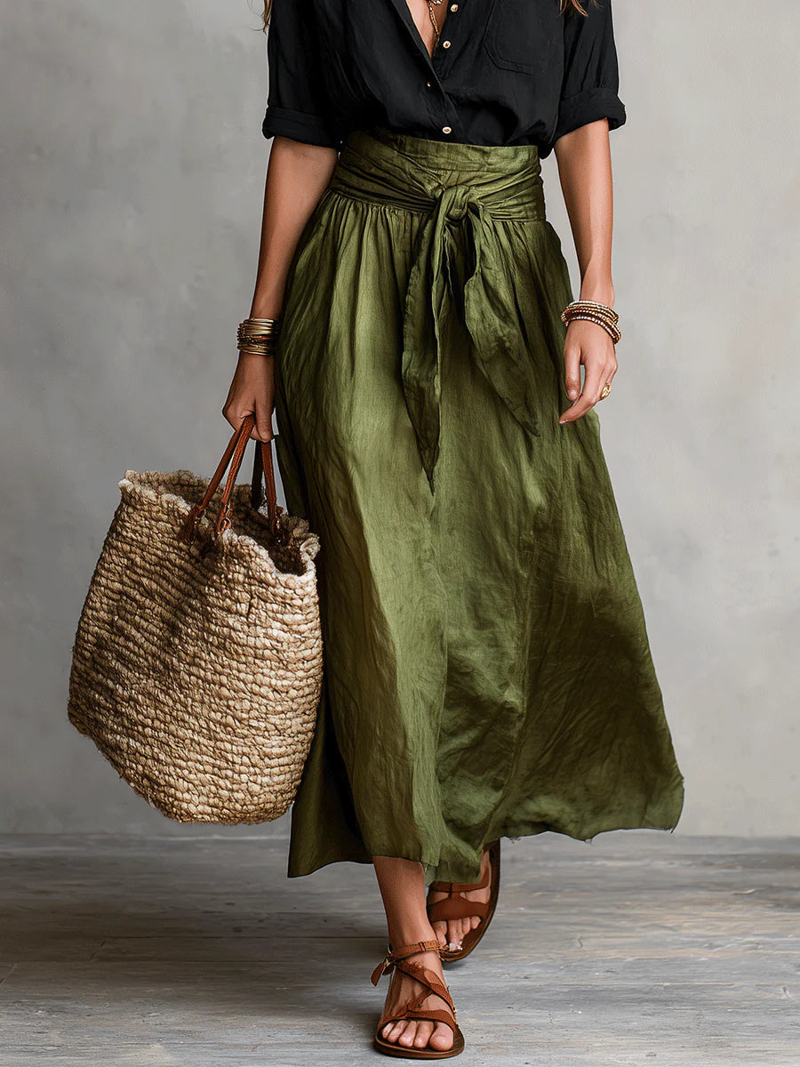 RIVER Two-Piece Set: Black Top and Olive Green Midi Skirt