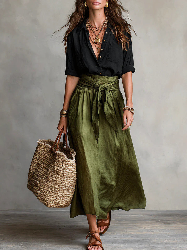 RIVER Two-Piece Set: Black Top and Olive Green Midi Skirt