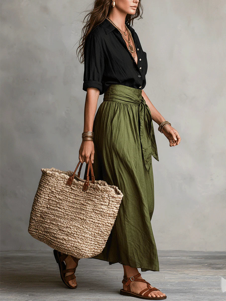 RIVER Two-Piece Set: Black Top and Olive Green Midi Skirt