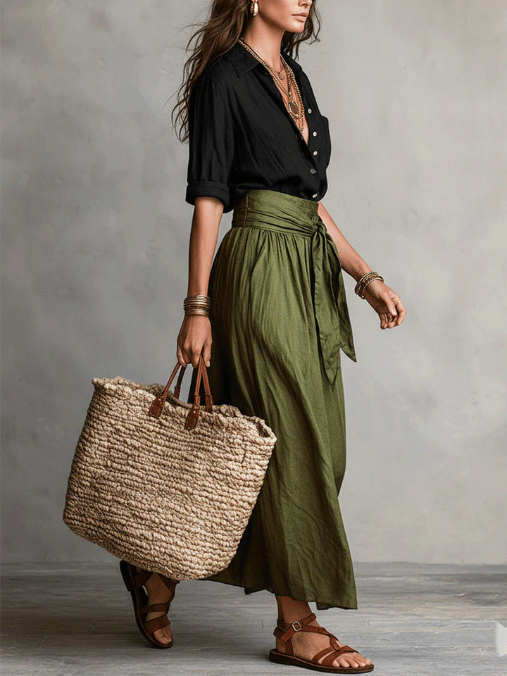 RIVER Two-Piece Set: Black Top and Olive Green Midi Skirt