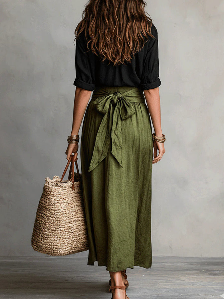 RIVER Two-Piece Set: Black Top and Olive Green Midi Skirt