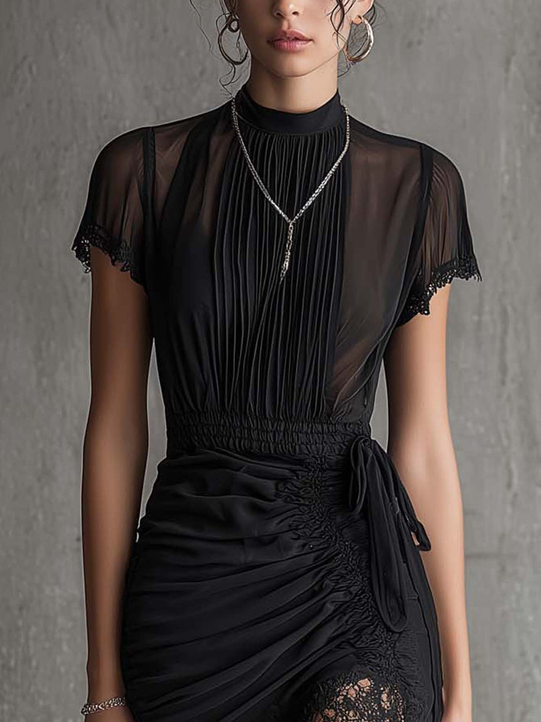 Black Chiffon Pleated Mini Dress with Lace-Trimmed Waist