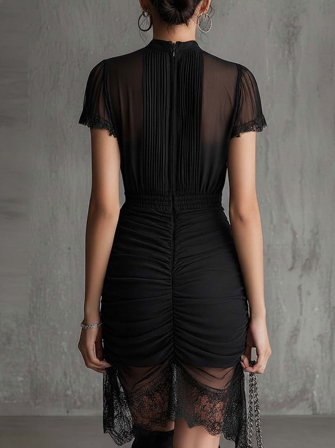 Black Chiffon Pleated Mini Dress with Lace-Trimmed Waist