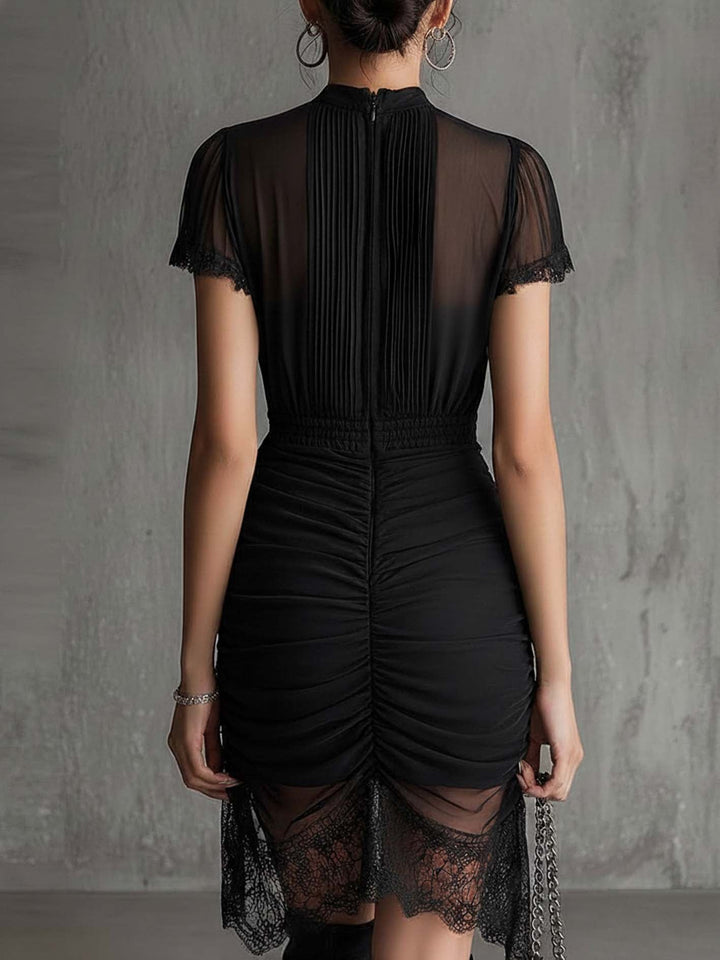 Black Chiffon Pleated Mini Dress with Lace-Trimmed Waist