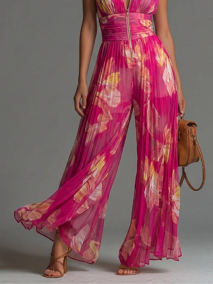 Fuchsia Floral Chiffon Jumpsuit with Sleeveless Design, Zipper Closure, Pleated Detail &amp; Wide Legs