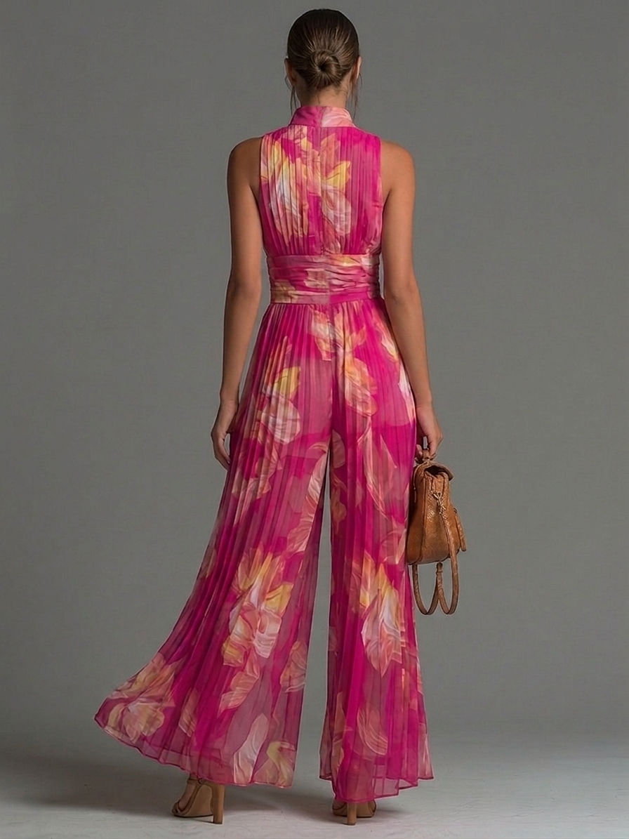 Fuchsia Floral Chiffon Jumpsuit with Sleeveless Design, Zipper Closure, Pleated Detail &amp; Wide Legs