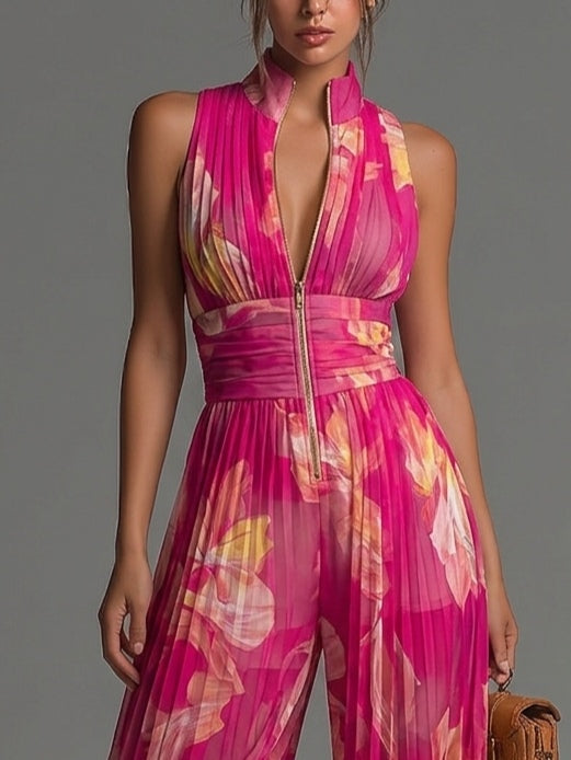 Fuchsia Floral Chiffon Jumpsuit with Sleeveless Design, Zipper Closure, Pleated Detail &amp; Wide Legs