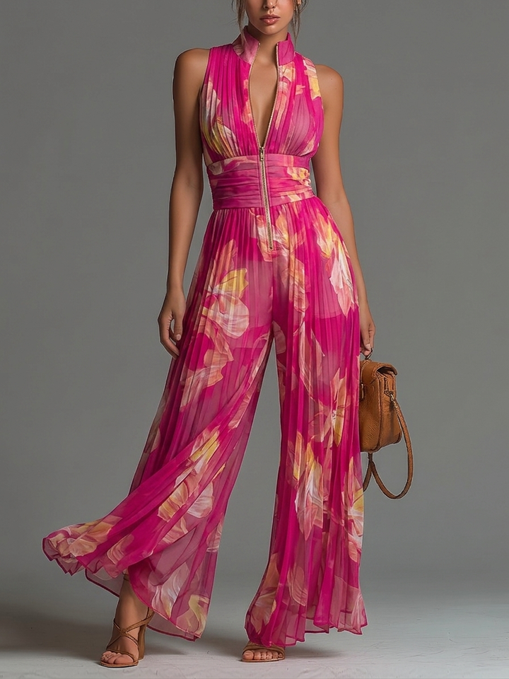 Fuchsia Floral Chiffon Jumpsuit with Sleeveless Design, Zipper Closure, Pleated Detail &amp; Wide Legs