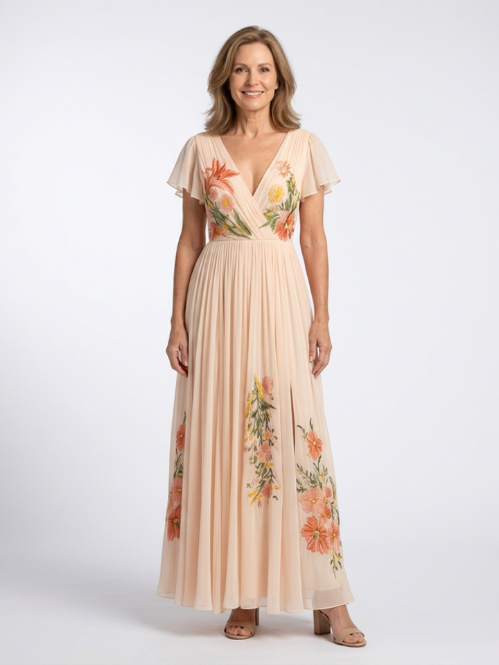 Calista | V Neck Short Sleeve Pleated Floral Maxi Dress