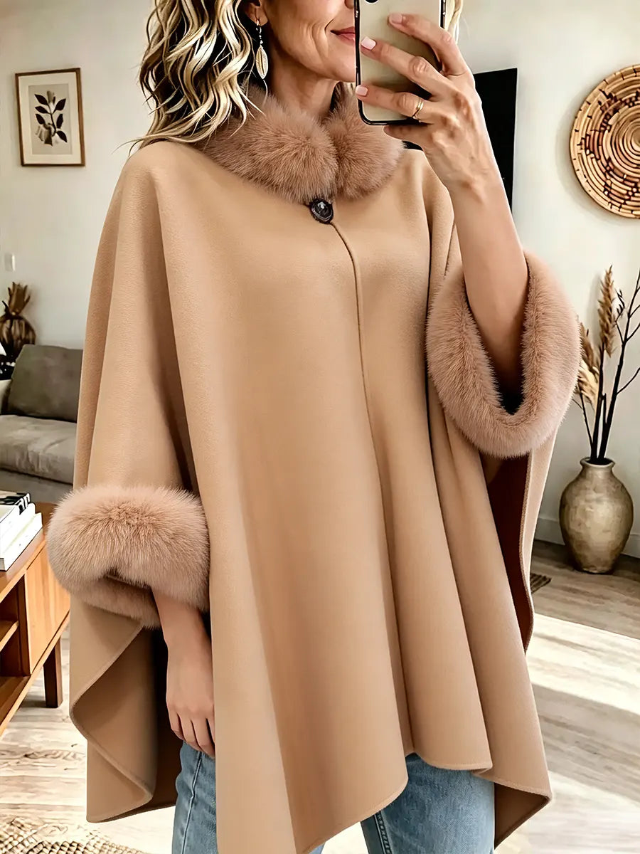 Vintage Elegant Wool-blend Cape with Fur Collar Coat