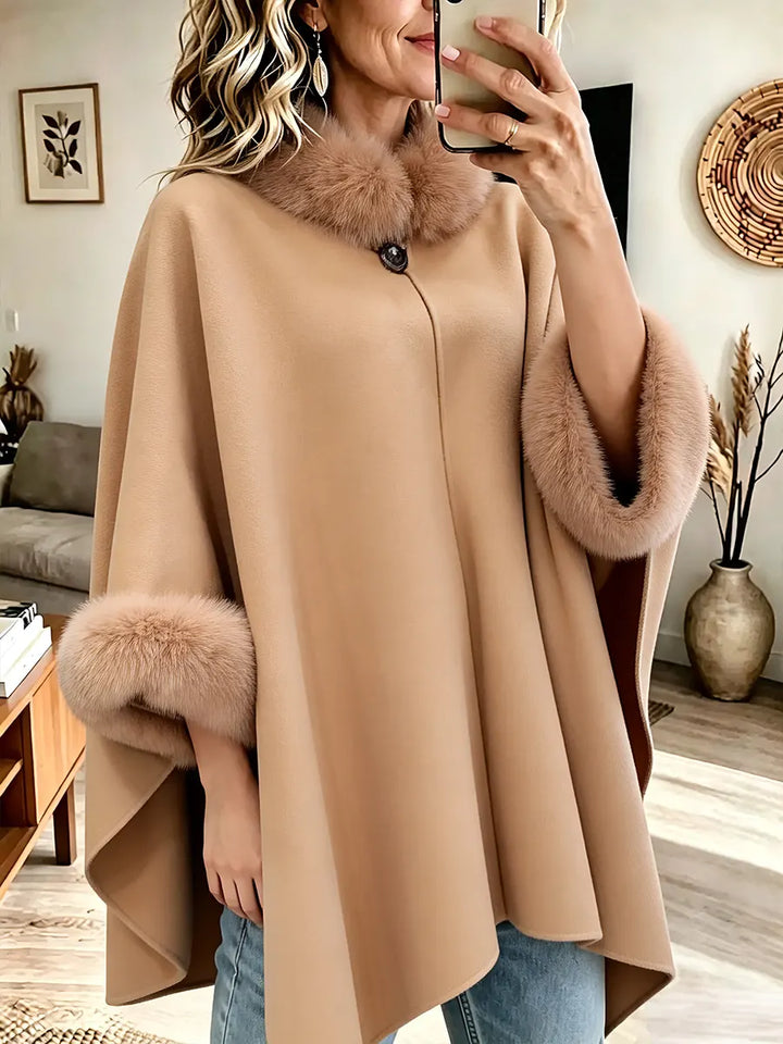 Vintage Elegant Wool-blend Cape with Fur Collar Coat