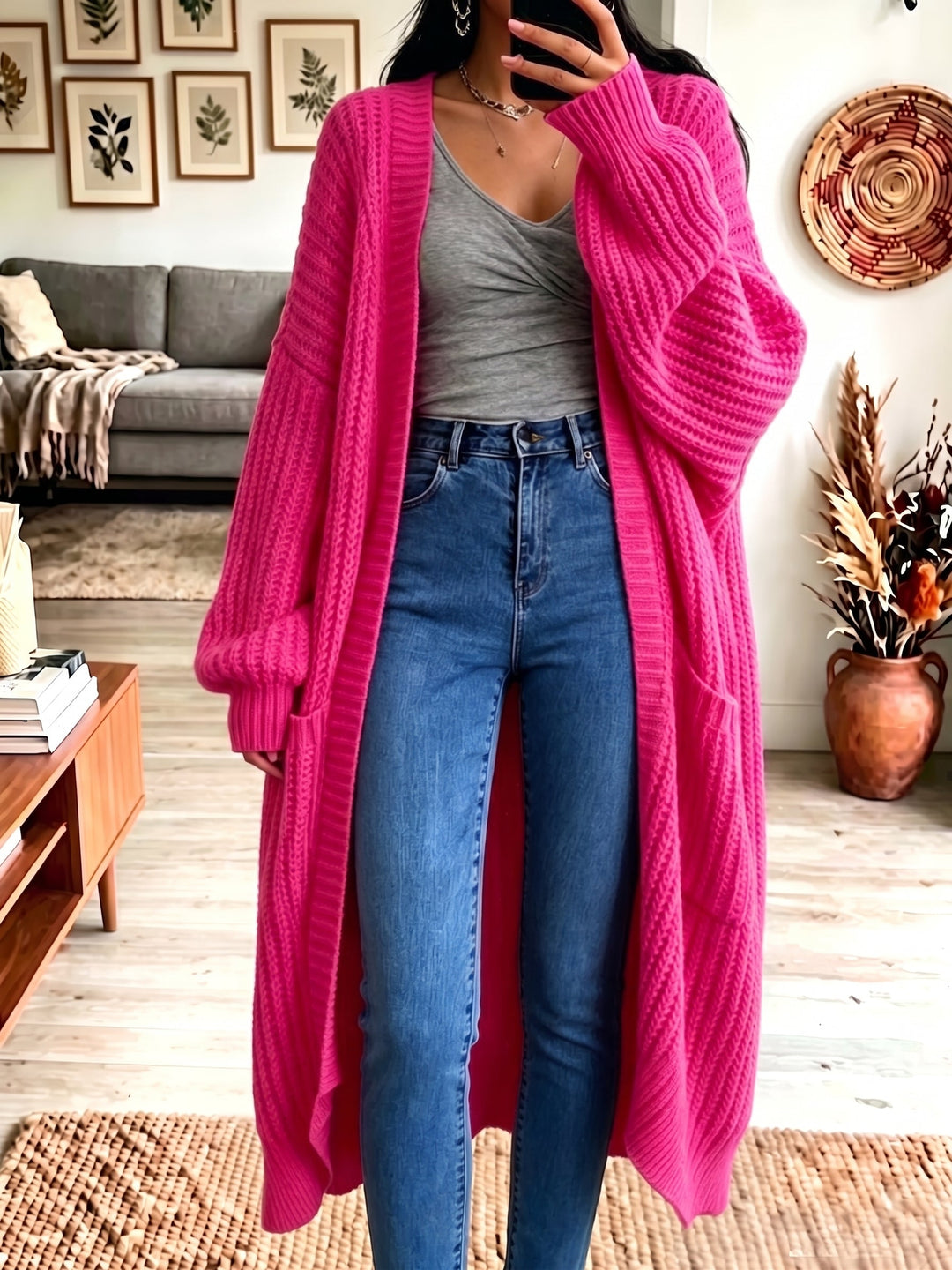 Oversized Long Open Front Knit Cardigan Women Chunky Sweater Coat with Pockets