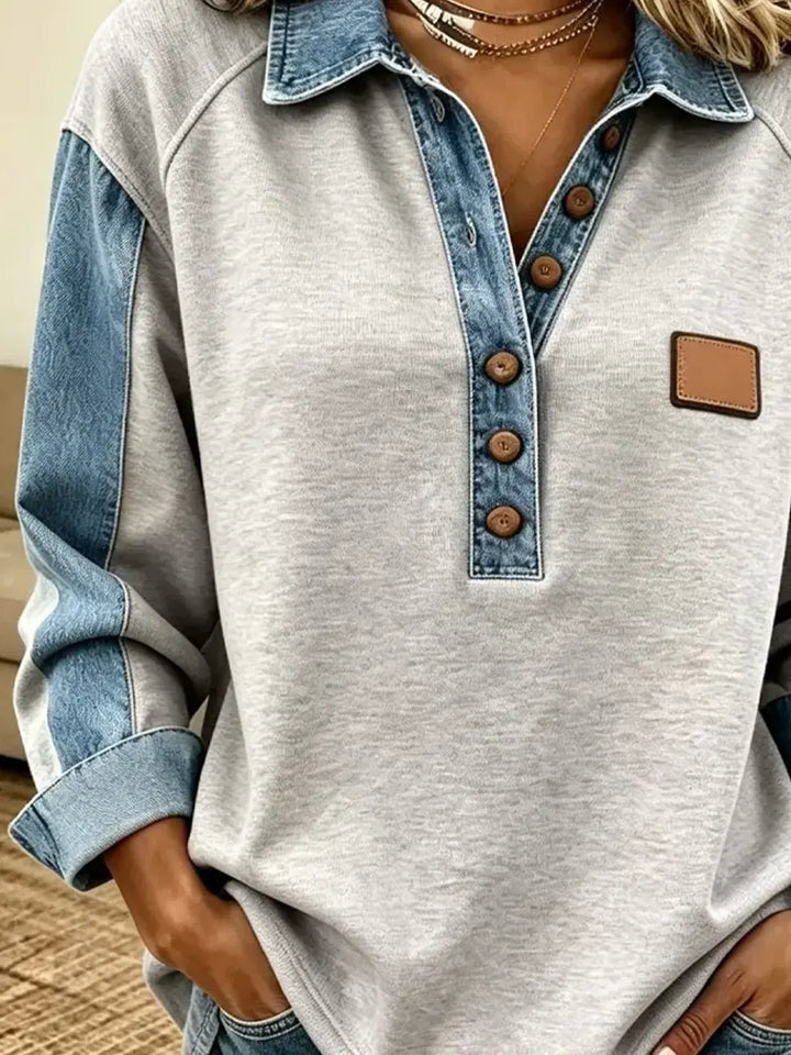 Retro Chic Art Long-Sleeve Casual Stylish Denim Patchwork Shirt
