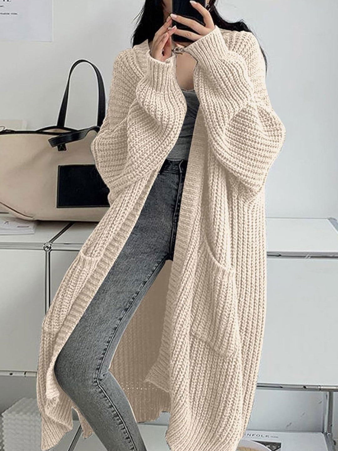 Oversized Long Open Front Knit Cardigan Women Chunky Sweater Coat with Pockets