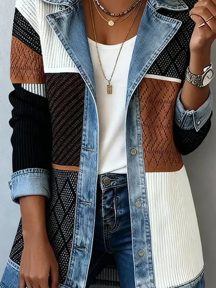 Retro Patchwork Pattern Art Print Casual Stylish Lapel Long-Sleeve Coat