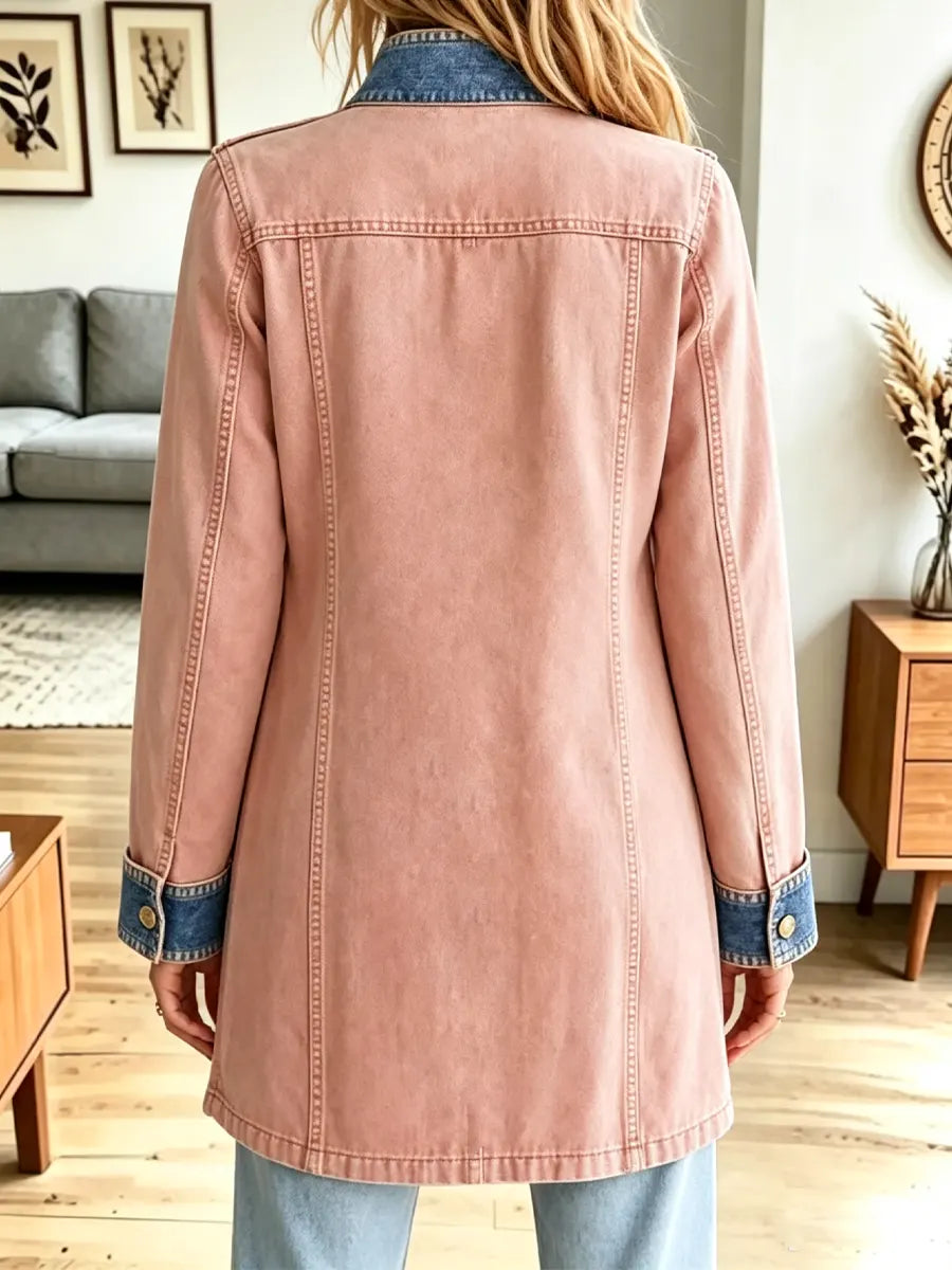 Retro Pink Button Pockets Art Casual Stylish Long-Sleeve Denim Coat