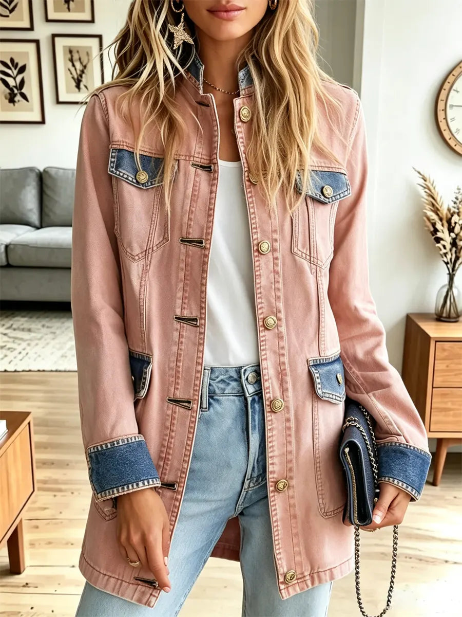 Retro Pink Button Pockets Art Casual Stylish Long-Sleeve Denim Coat