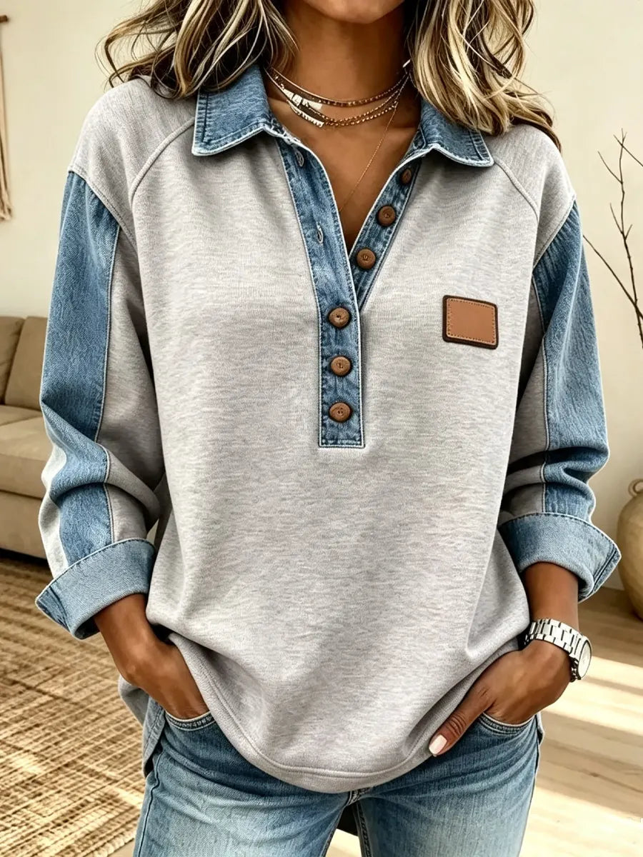 Retro Chic Art Long-Sleeve Casual Stylish Denim Patchwork Shirt