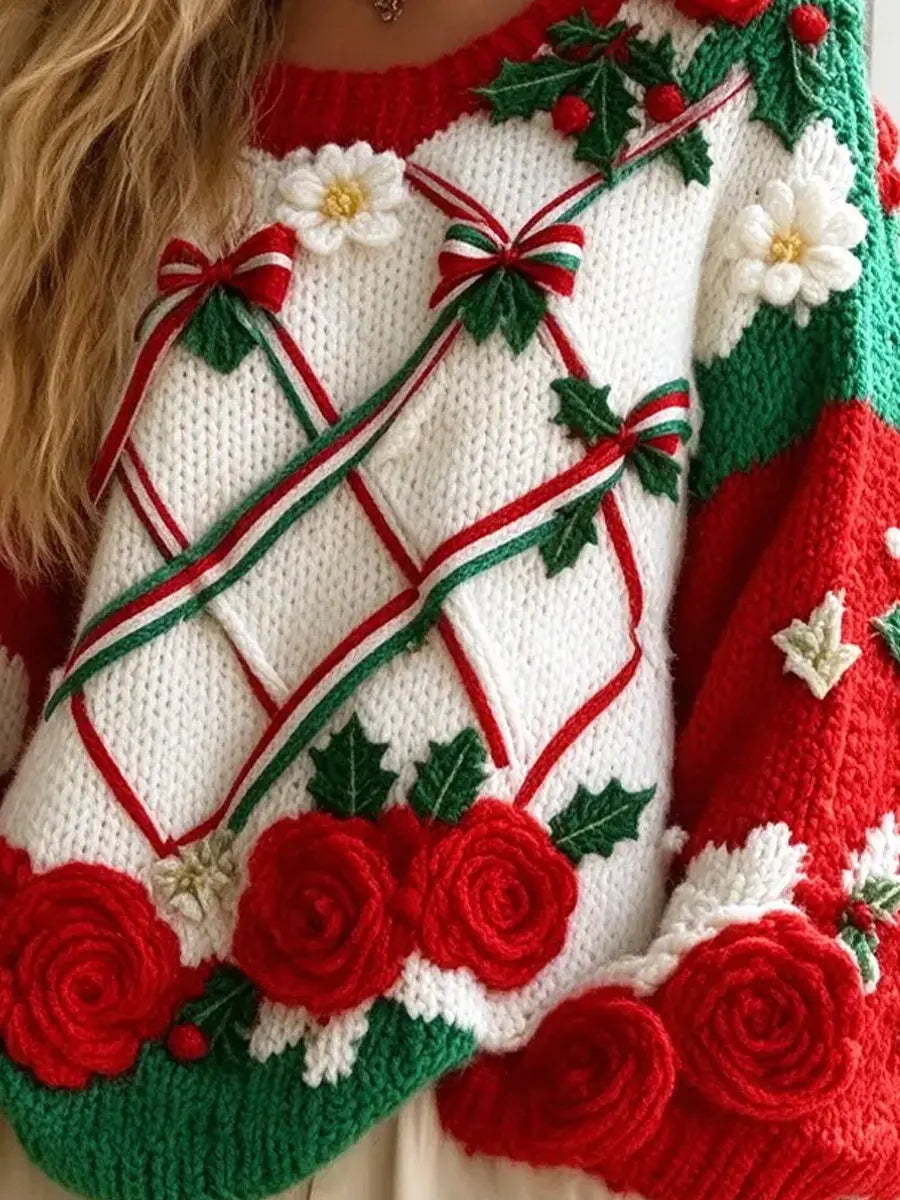 Vintage Floral Christmas Knitted Art Casual Stylish Long-Sleeve Sweater