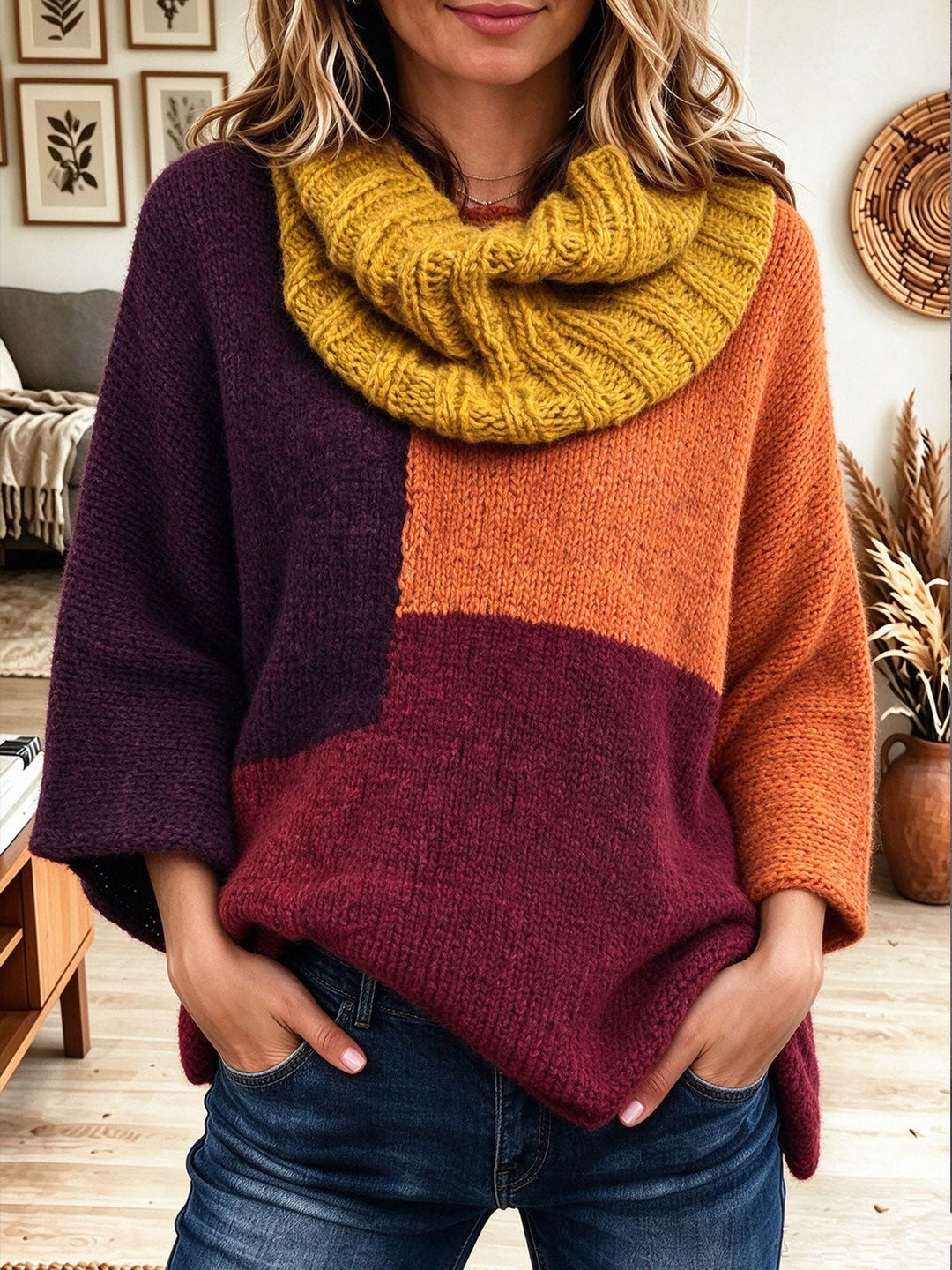 Women Color Block Cowl Neck Loose Knit Sweater 3/4 Flare Sleeve Pullover
