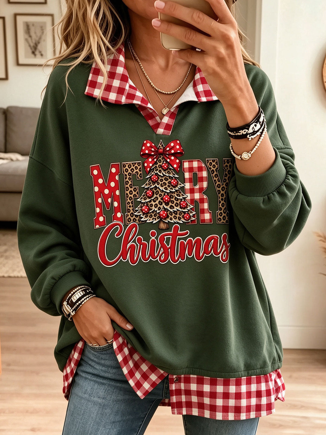 Women Merry Christmas Tree Print Plaid Fake Two Piece Sweatshirt