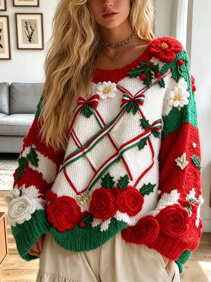 Vintage Floral Christmas Knitted Art Casual Stylish Long-Sleeve Sweater