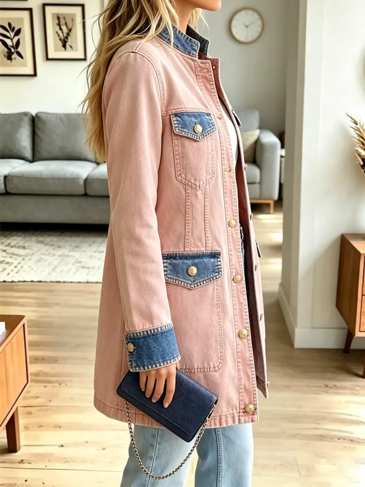 Retro Pink Button Pockets Art Casual Stylish Long-Sleeve Denim Coat