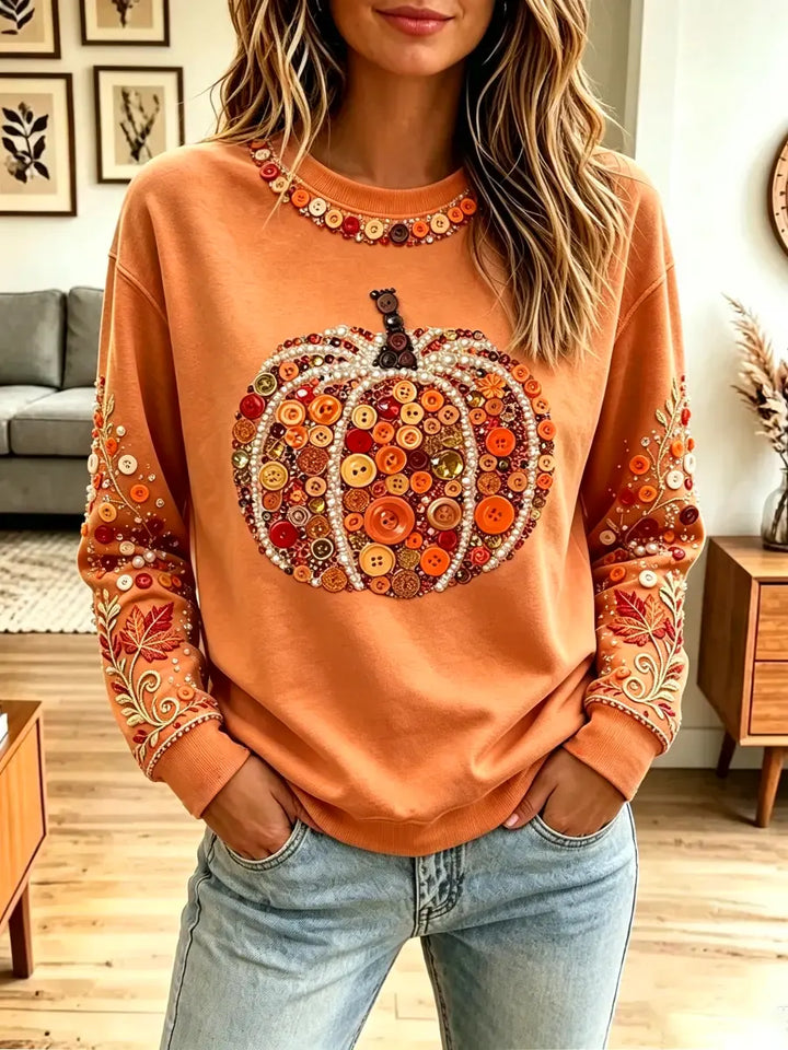 Vintage Pumpkin Autumn Pattern Art Casual Stylish Long-Sleeve Sweatshirt